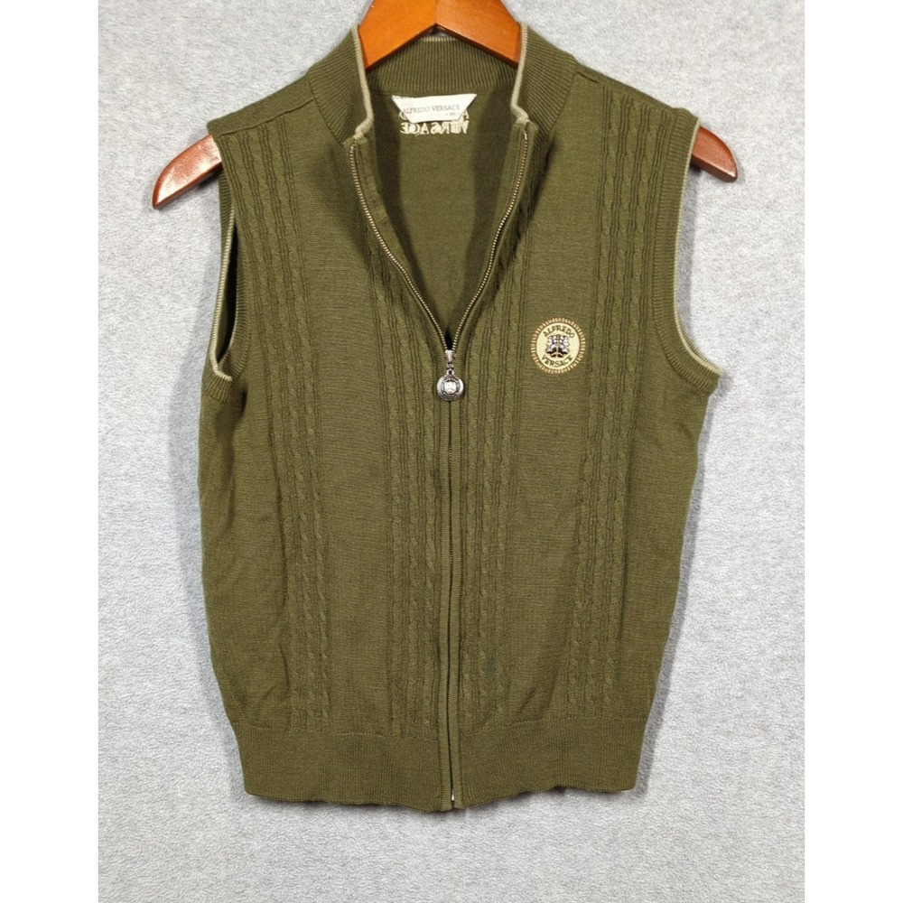 Vtg Alfredo Versace Knit Sweater Vest Men M Front Zip Olive Green Made In Korea